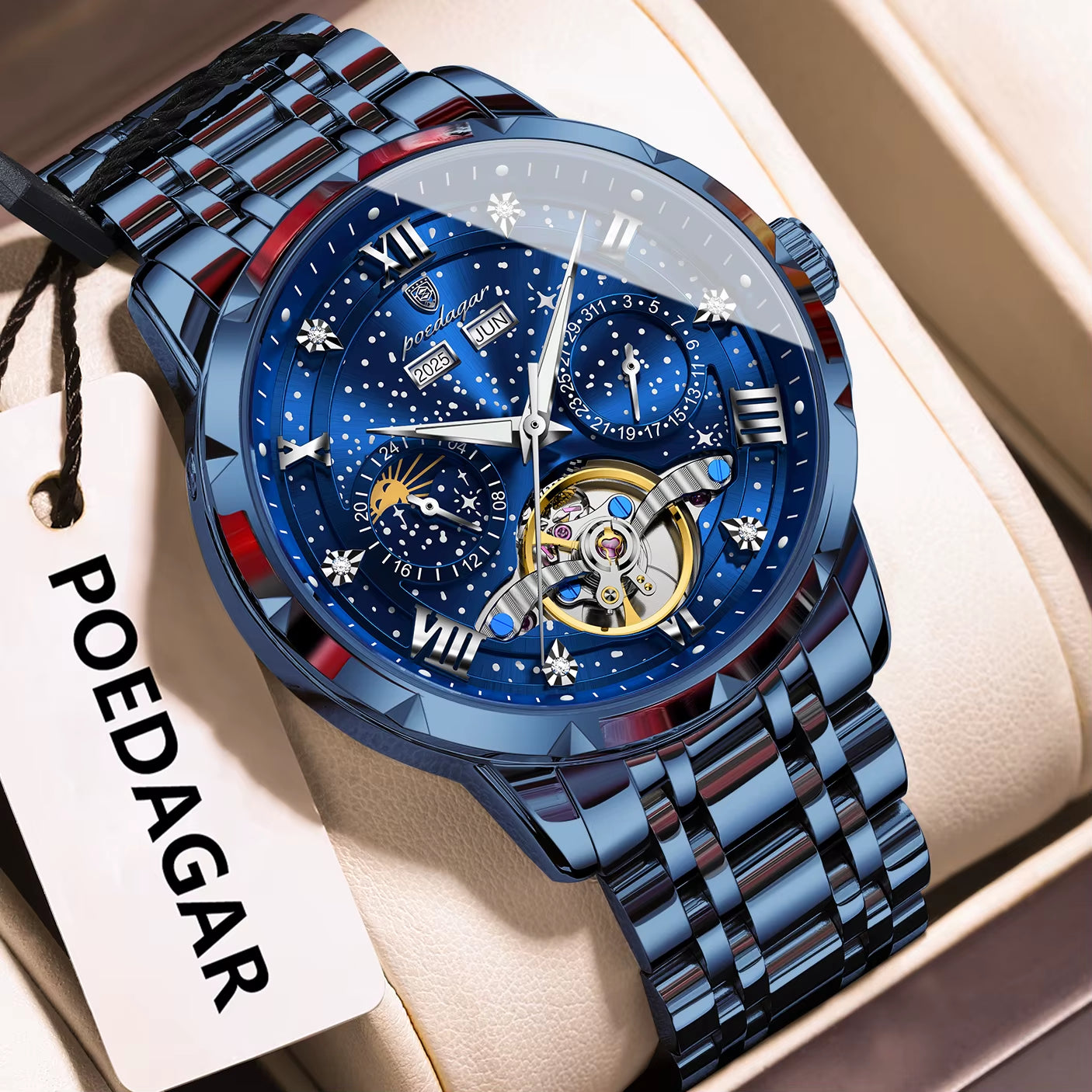 POEDAGAR Luxury Men Wristwatch Fashion Clock Automatic Mechanical Stainless Steel  Watches waterproof.