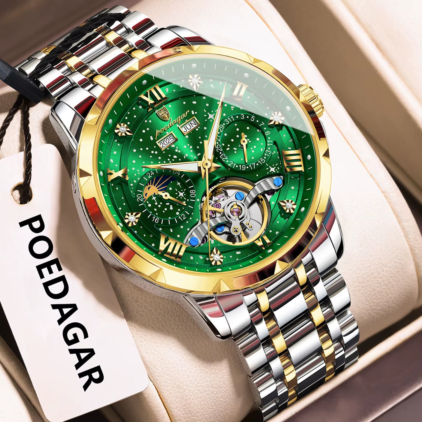POEDAGAR Luxury Men Wristwatch Fashion Clock Automatic Mechanical Stainless Steel  Watches waterproof.
