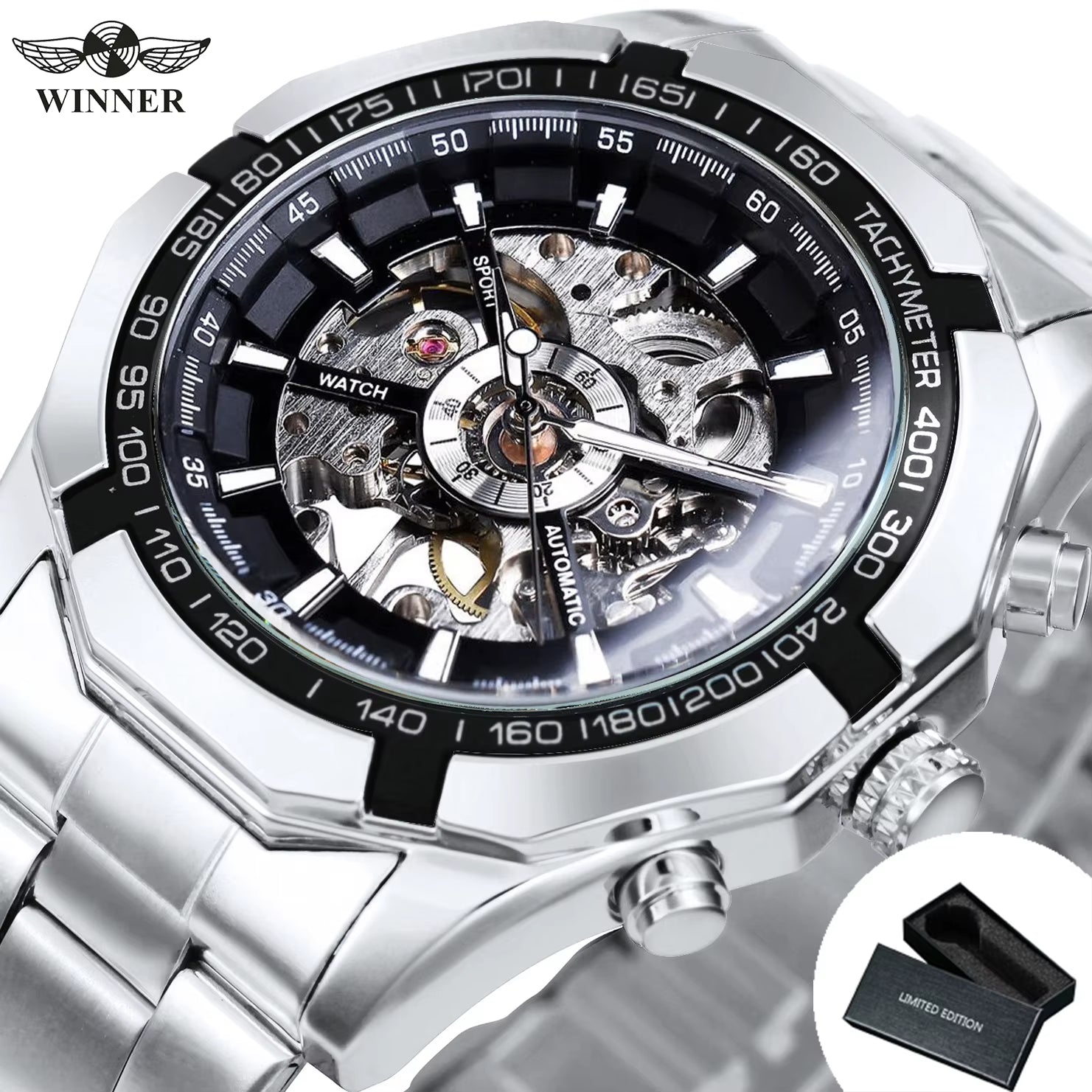 WINNER  Skeleton Watch for Men Luminous Hand Classsic Mechanical WATCH.