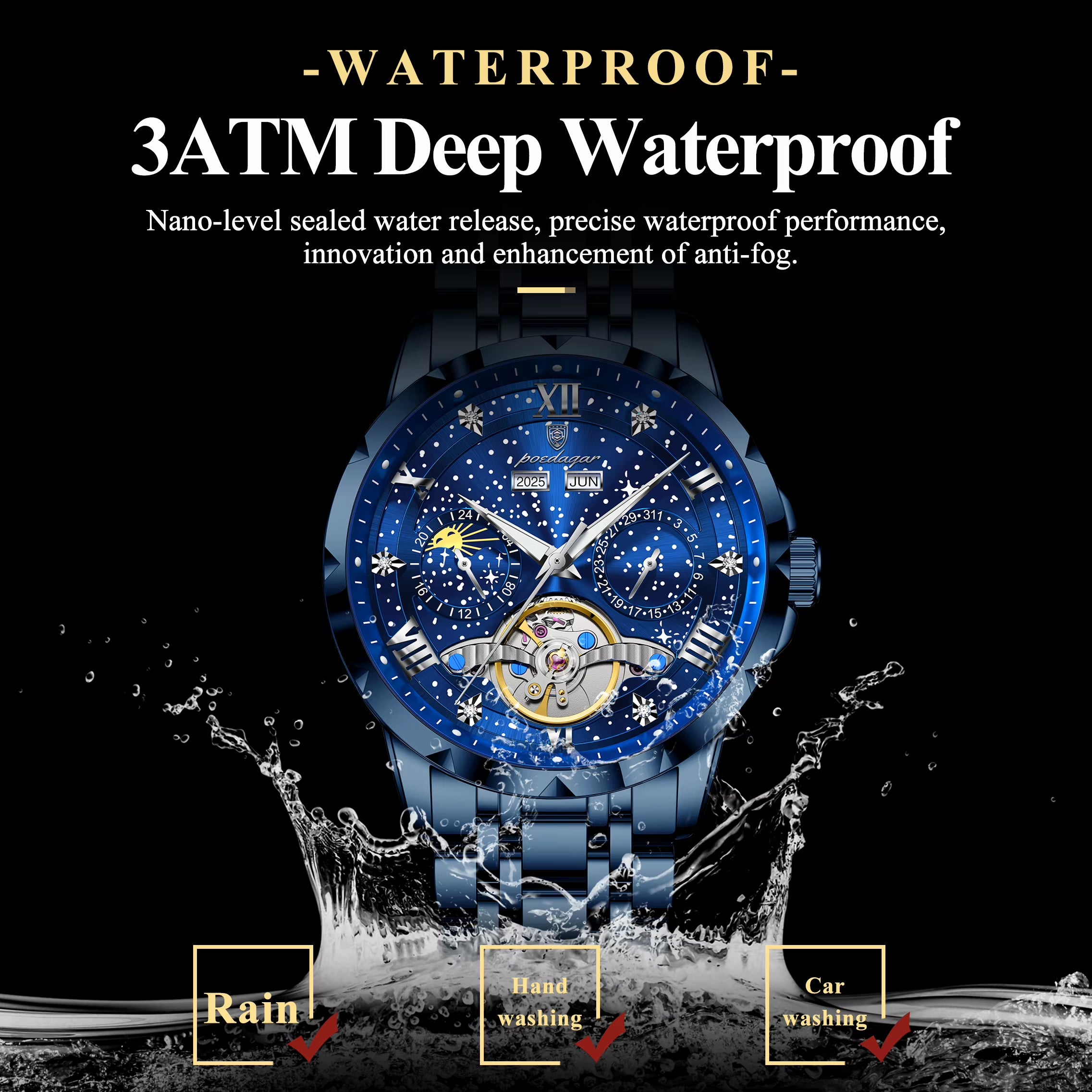 POEDAGAR Luxury Men Wristwatch Fashion Clock Automatic Mechanical Stainless Steel  Watches waterproof.