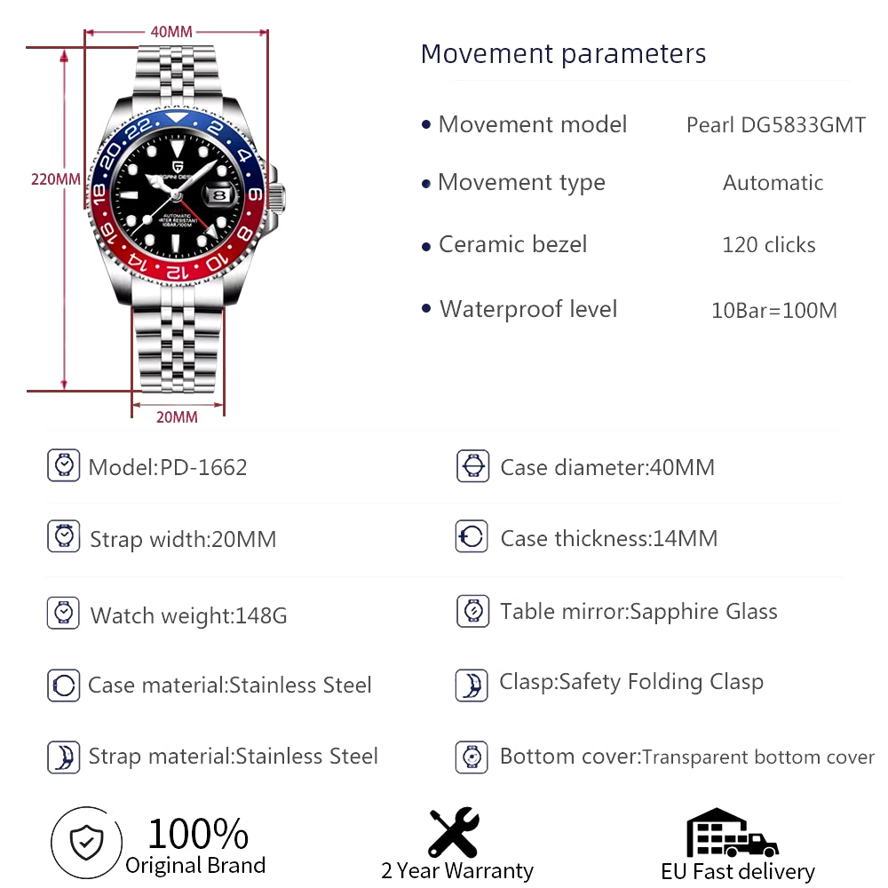 V3 Version GMT Watches Men'S Luxury Sapphire Automatic Mechanical Watch 40MM Stainless Steel Waterproof Watch