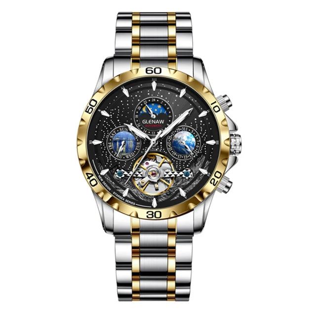 GLENAW Mechanical Watches Men Calendar Week Moon Phase Automatic Men Business Mechanical Wristwatch Waterproof Earth Watch