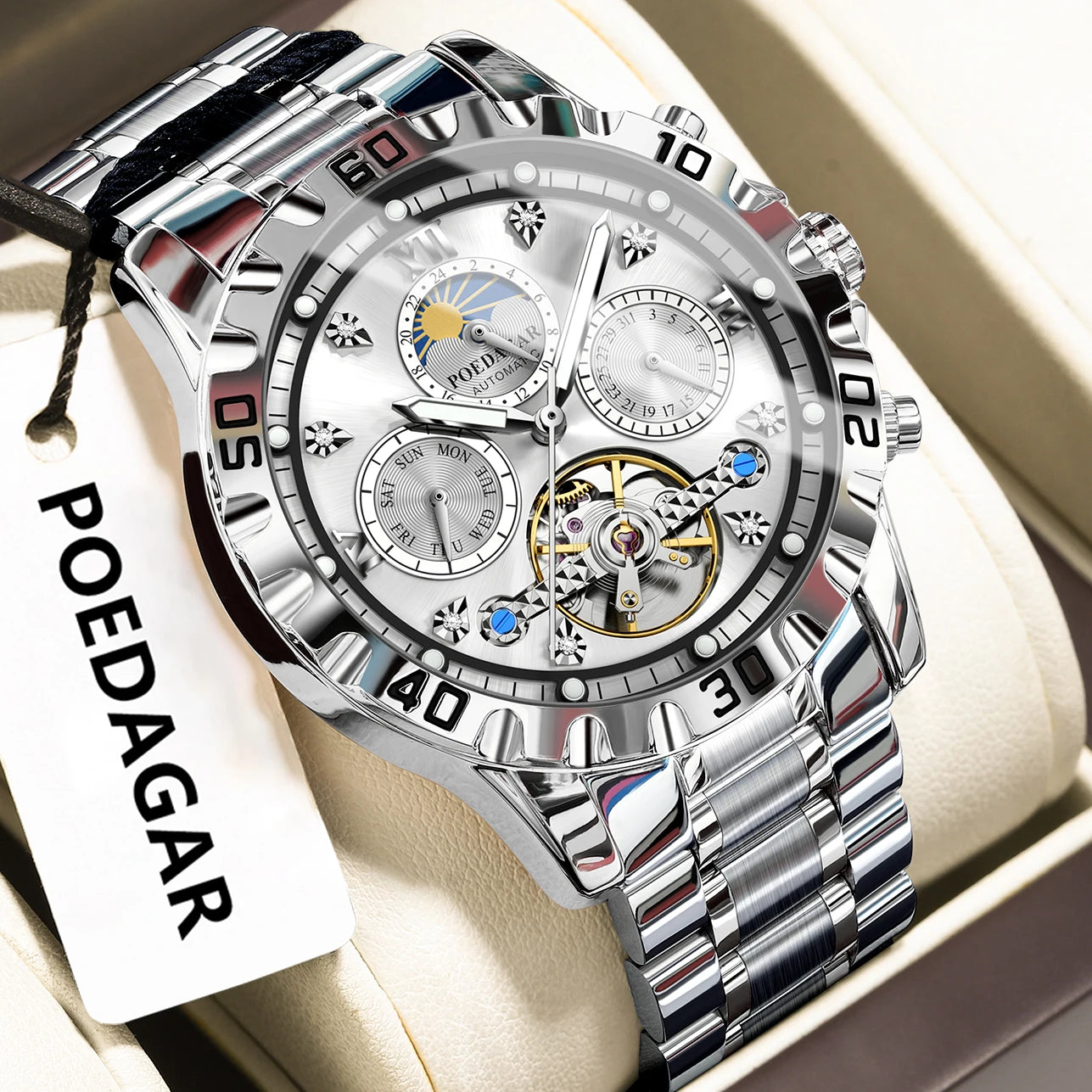POEDAGAR Military Luxury Men Clock Mechanical Waterproof Man Watch Hollow Tourbillon Automatic Stainless Steel Men'S Watches