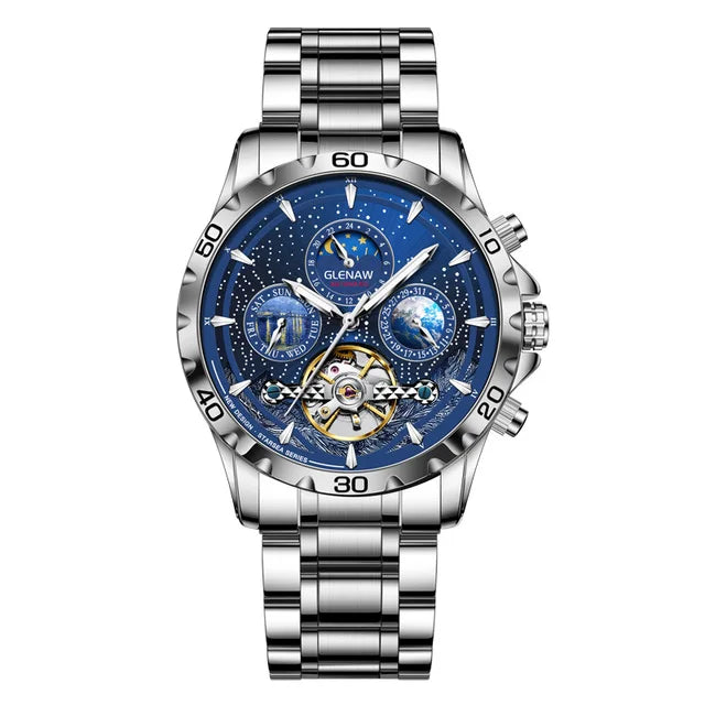 GLENAW Mechanical Watches Men Calendar Week Moon Phase Automatic Men Business Mechanical Wristwatch Waterproof Earth Watch