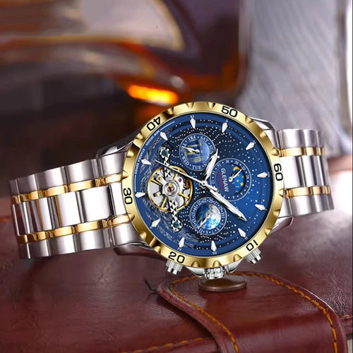 GLENAW Mechanical Watches Men Calendar Week Moon Phase Automatic Men Business Mechanical Wristwatch Waterproof Earth Watch