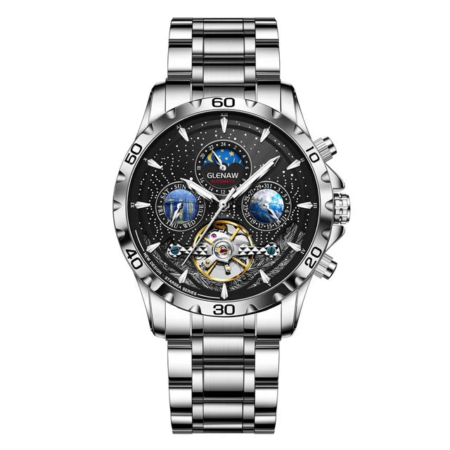 GLENAW Mechanical Watches Men Calendar Week Moon Phase Automatic Men Business Mechanical Wristwatch Waterproof Earth Watch