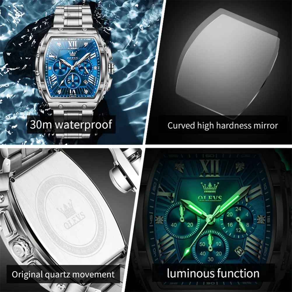 OLEV'S Watches 5639 Mens Watch Original Luxury Tonneau Quartz  Multifunctional Chronograph Waterproof 