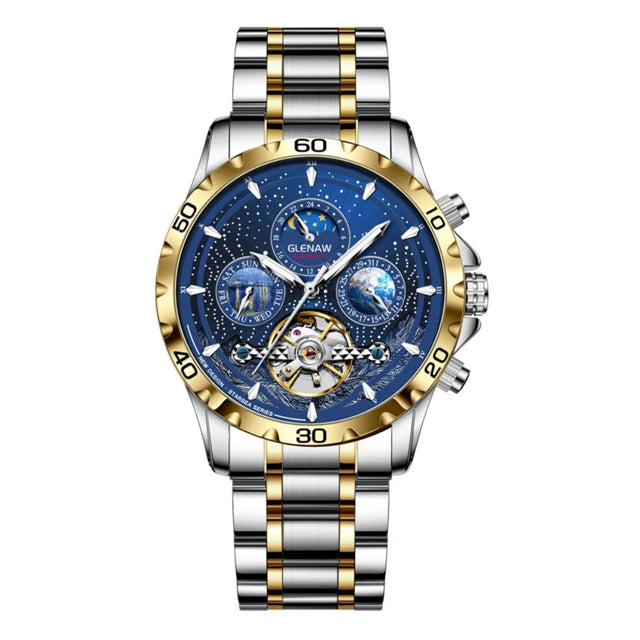 GLENAW Mechanical Watches Men Calendar Week Moon Phase Automatic Men Business Mechanical Wristwatch Waterproof Earth Watch