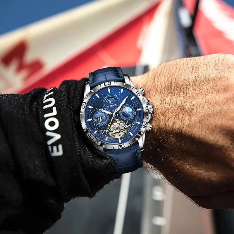 GLENAW Mechanical Watches Men Calendar Week Moon Phase Automatic Men Business Mechanical Wristwatch Waterproof Earth Watch