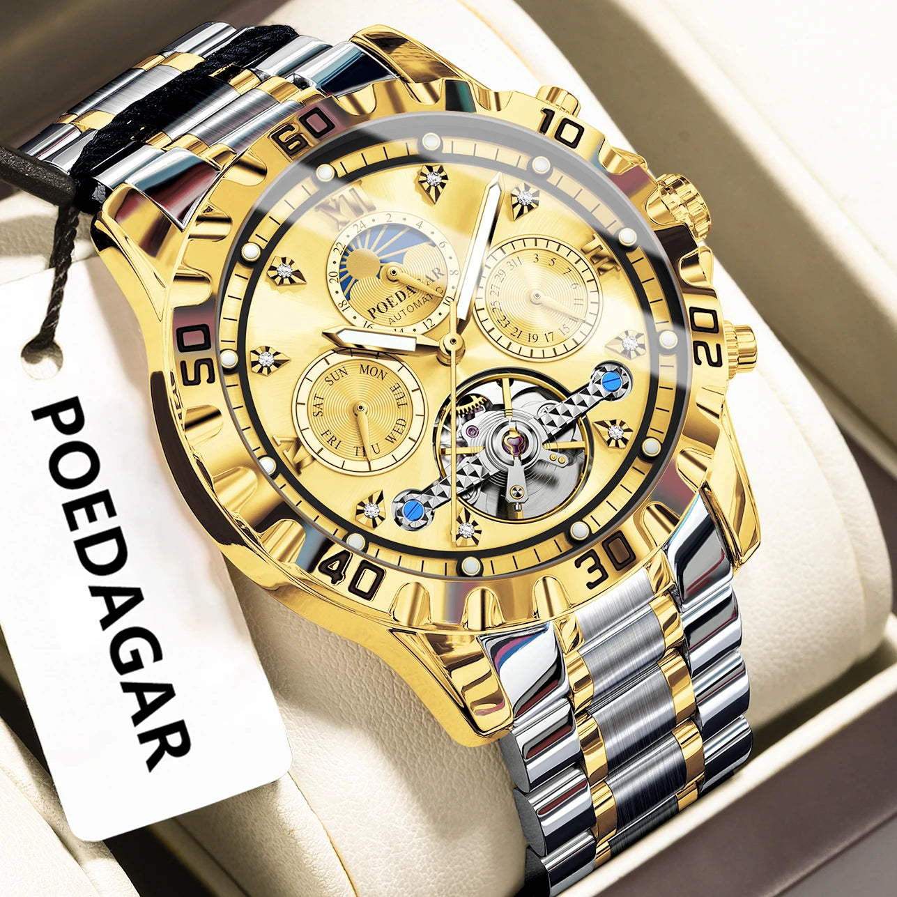 POEDAGAR Military Luxury Men Clock Mechanical Waterproof Man Watch Hollow Tourbillon Automatic Stainless Steel Men'S Watches