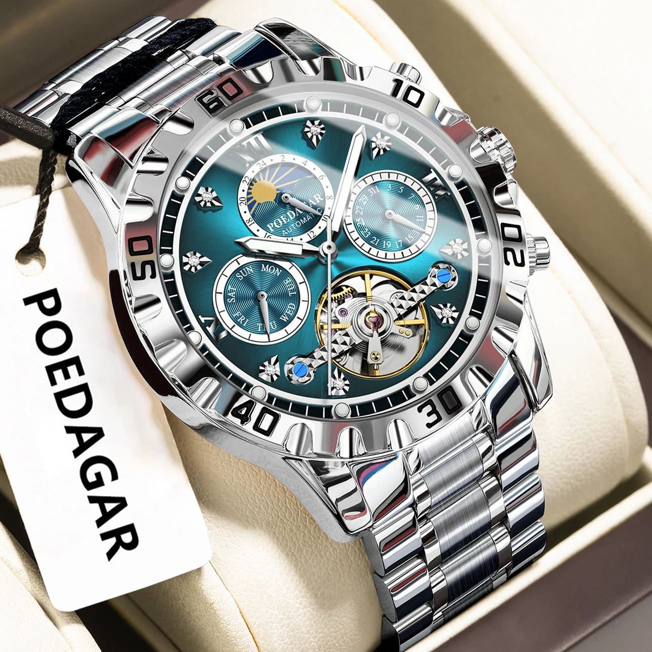 POEDAGAR Military Luxury Men Clock Mechanical Waterproof Man Watch Hollow Tourbillon Automatic Stainless Steel Men'S Watches