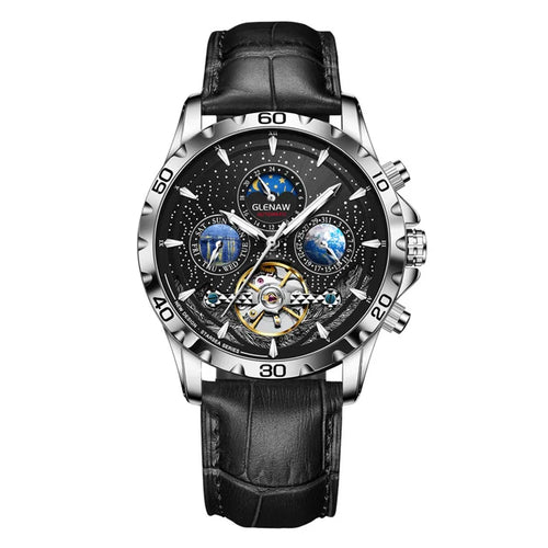 GLENAW Mechanical Watches Men Calendar Week Moon Phase Automatic Men Business Mechanical Wristwatch Waterproof Earth Watch