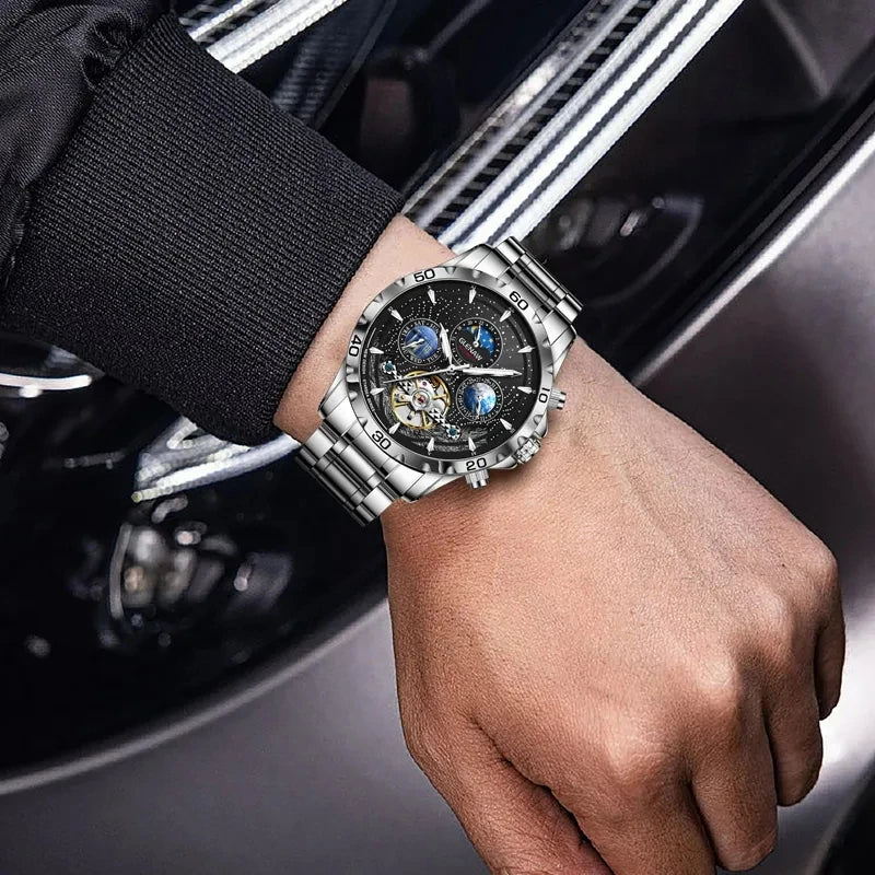 GLENAW Mechanical Watches Men Calendar Week Moon Phase Automatic Men Business Mechanical Wristwatch Waterproof Earth Watch