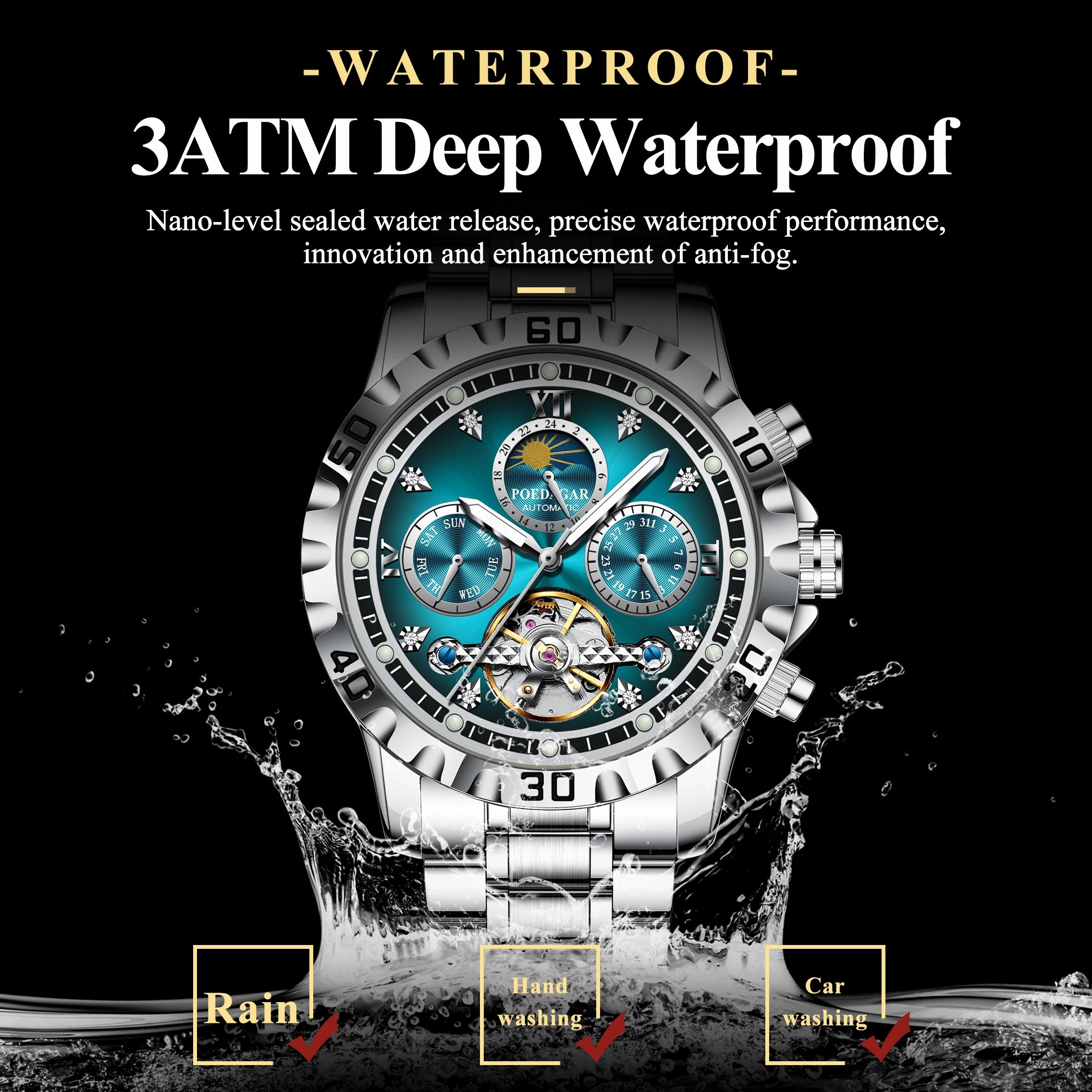 POEDAGAR Military Luxury Men Clock Mechanical Waterproof Man Watch Hollow Tourbillon Automatic Stainless Steel Men'S Watches