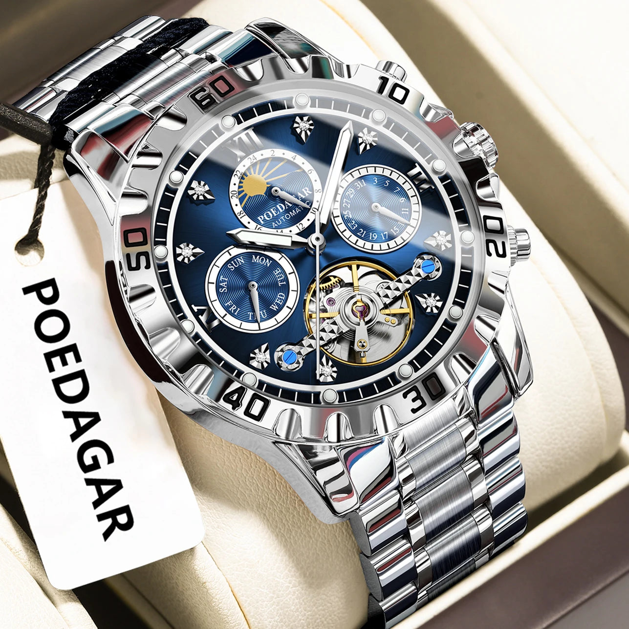 POEDAGAR Military Luxury Men Clock Mechanical Waterproof Man Watch Hollow Tourbillon Automatic Stainless Steel Men'S Watches