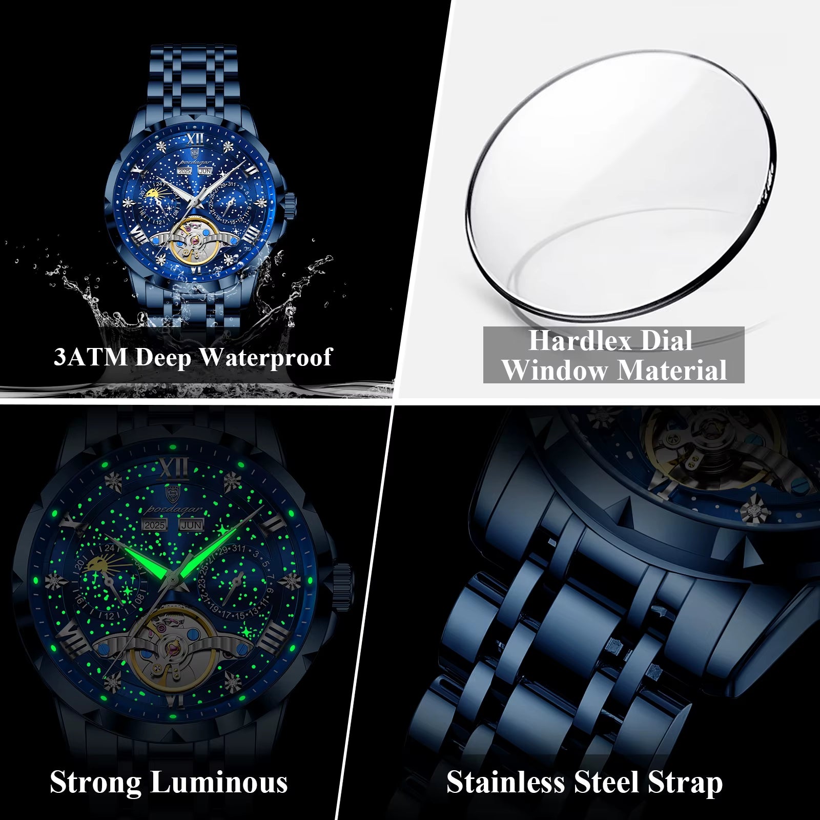 POEDAGAR Luxury Men Wristwatch Fashion Clock Automatic Mechanical Stainless Steel  Watches waterproof.