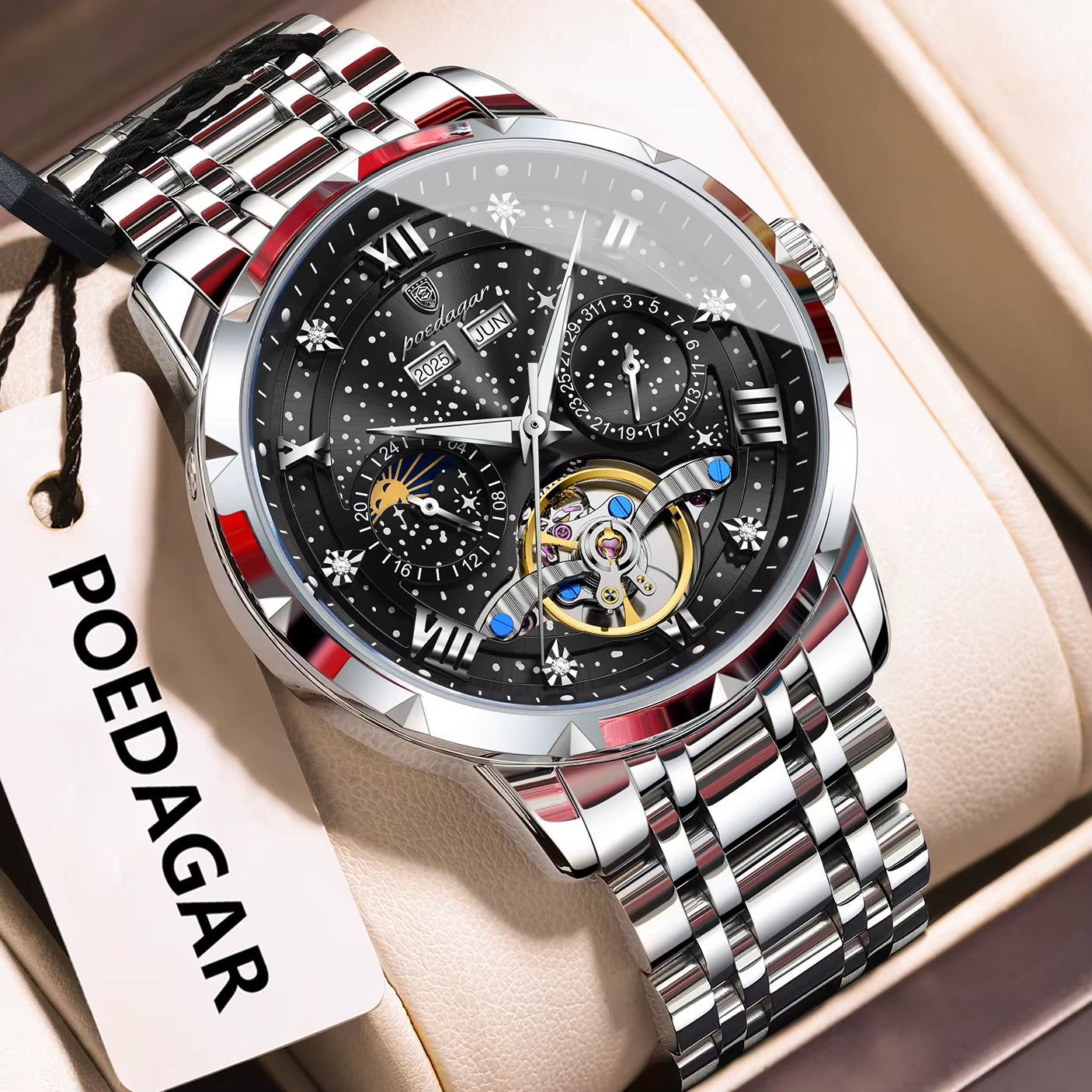 POEDAGAR Luxury Men Wristwatch Fashion Clock Automatic Mechanical Stainless Steel  Watches waterproof.